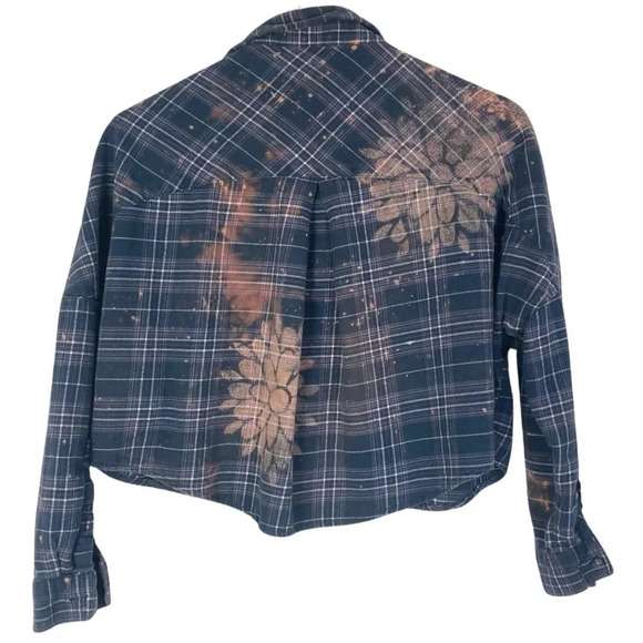 Boho Flannel Shirt Womens Small XS Cropped Reworked Floral Bleached Plaid Blue - Picture 2 of 12